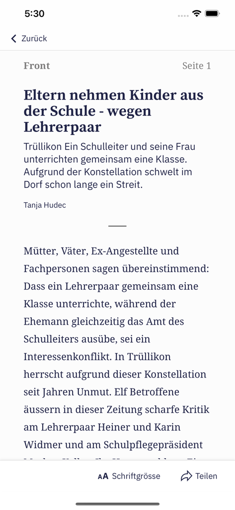 A news article displayed in digital reading mode on the Der Landbote E-Paper app