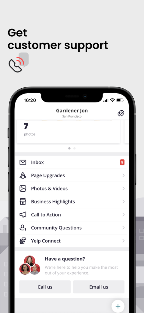 Yelp for Business App - Captura de tela do aplicativo Yelp para Empresas mostrando a seção de suporte ao cliente e o menu de gerenciamento de negócios com opções como caixa de entrada e upgrades de página.