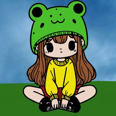 a girl wearing a frog hat and some frog socks
