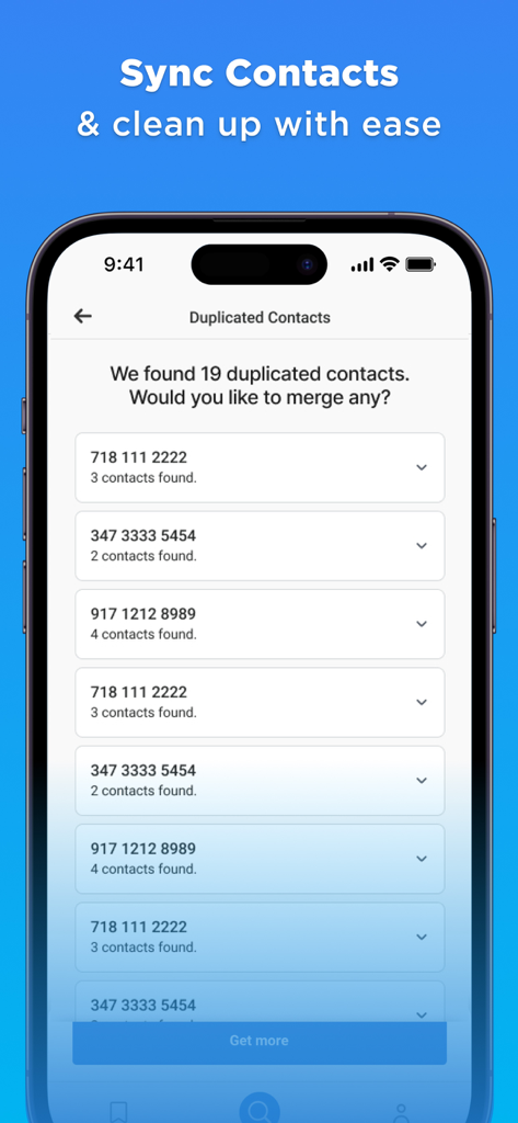 Whitepages Search, Find People - Whitepages app interface showing the duplicated contacts feature with options to merge multiple phone records