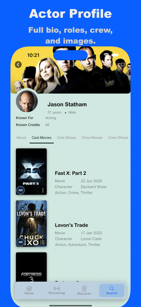 FlixHub actor profile screen displaying Jason Statham's filmography and biographical details