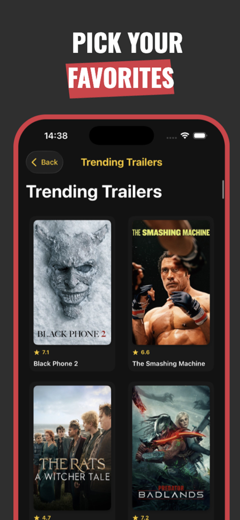 Buz Movie - Interface de l'application Buz Movie affichant une grille de bandes-annonces de films tendances en mode sombre sur un écran d'iPhone