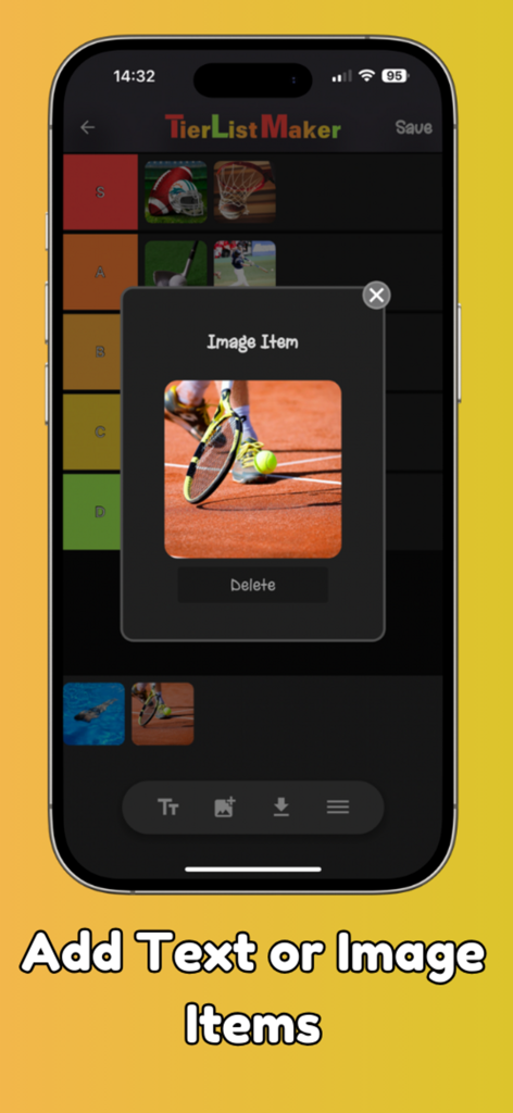 A smartphone screen displaying the Tier List Maker app interface where a user can add and edit custom image items for a ranking grid.