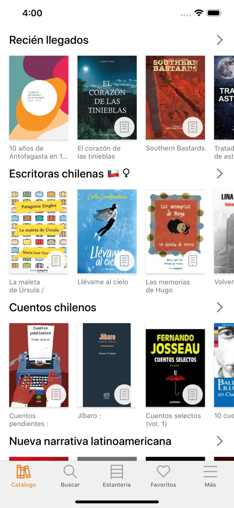 BPDigital mobile app catalog screen displaying Chilean book categories and covers
