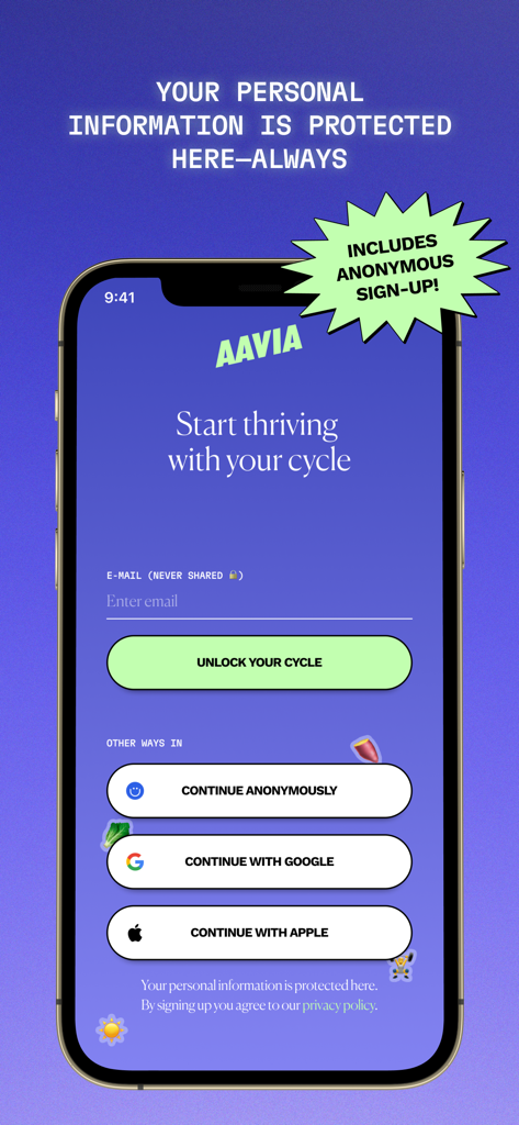 Aavia: Cycle Symptom Relief - Tela de inscrição do aplicativo de saúde hormonal Aavia com login anônimo e mensagens de proteção de privacidade de dados.
