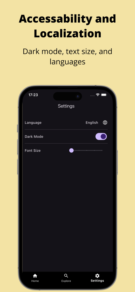 Accessibility and localization settings in the SCP Dictionary app showing dark mode and font size options.