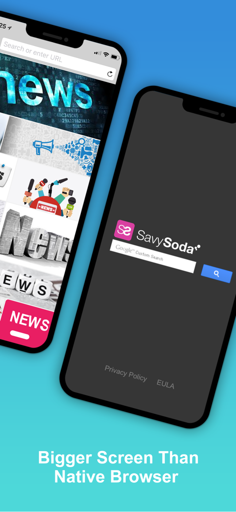 Two iPhones showcasing the Snowbunny Private Web Browser with a full-screen news feed and a minimalist search interface, featuring the text Bigger Screen Than Native Browser.