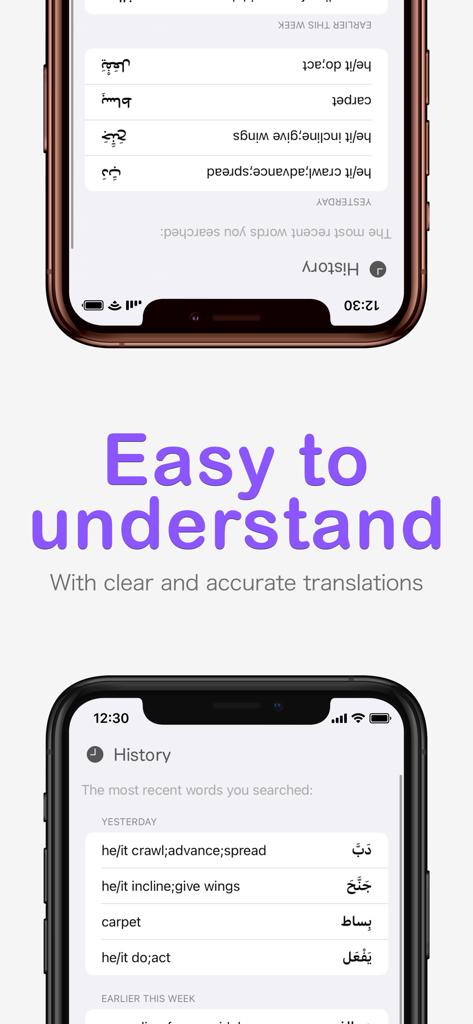 Qamoos Arabic Dictionary - A screenshot of the Qamoos Arabic Dictionary app showing a history of searched words with Arabic to English translations