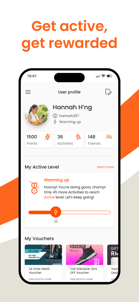 AFA: Meet People, Play Sports - Perfil de usuario de la aplicación AFA que muestra los niveles de actividad deportiva, los puntos de recompensa ganados y los vales disponibles para marcas de fitness y estilo de vida.