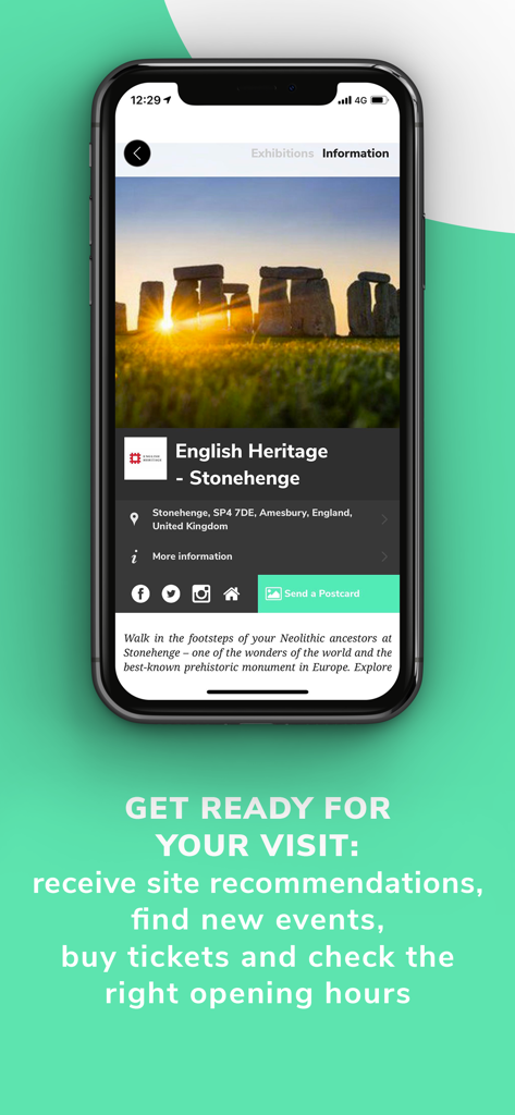 CloudGuide - A smartphone screen displaying the CloudGuide app with visitor information, location, and ticketing options for Stonehenge.