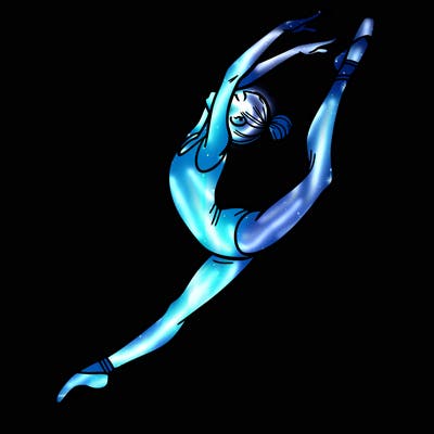 gymnast doing a leap in a leotard with a bent back leg