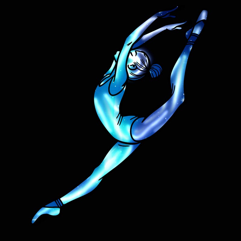 gymnast doing a leap in a leotard with a bent back leg
