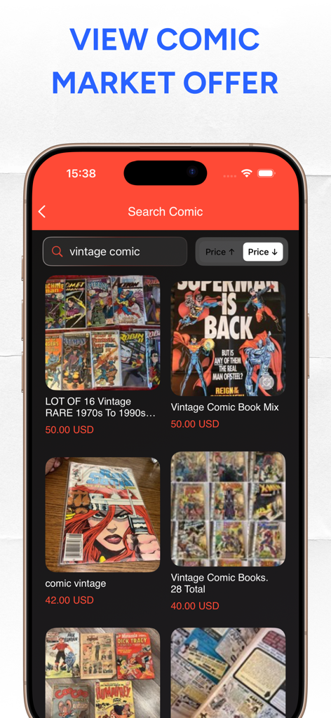 Search interface showing market offers for vintage comic books with prices in USD