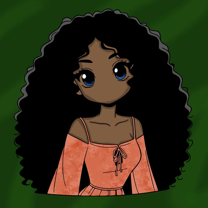a black anime girl with long afro hair