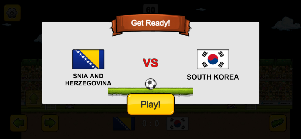 Pantalla de vista previa del partido en Head Soccer 2D con Bosnia y Herzegovina contra Corea del Sur y un botón de Jugar