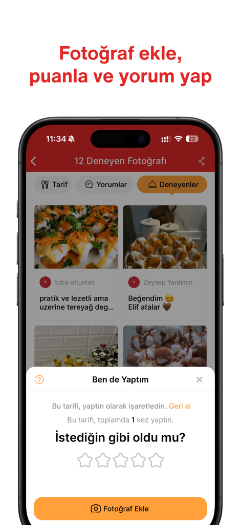 Interface of the Nefis Yemek Tarifleri app showing user-submitted photos and a rating pop-up for recipes.