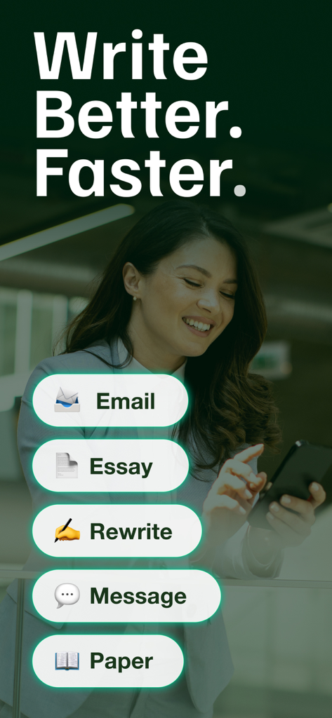 Texting AI Message Generator - AI writing app interface showing options for email, essay, and message generation