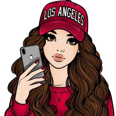 realistic beautiful girl wearing los ángeles cap holding an iphone