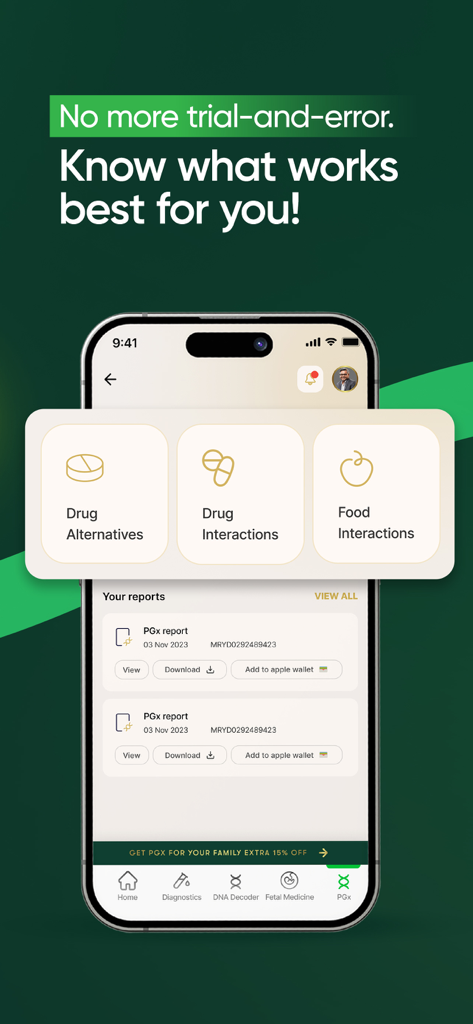 Mr. Yoda - Mr. Yoda app interface showing personalized drug and food interaction reports based on genetic data.