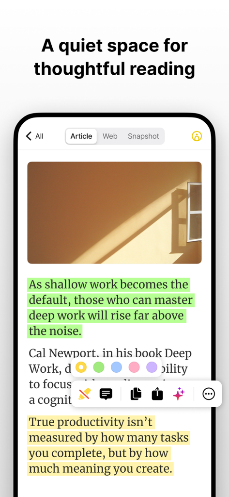 Cubox app interface showing a clean reading view with color-coded highlights on an article