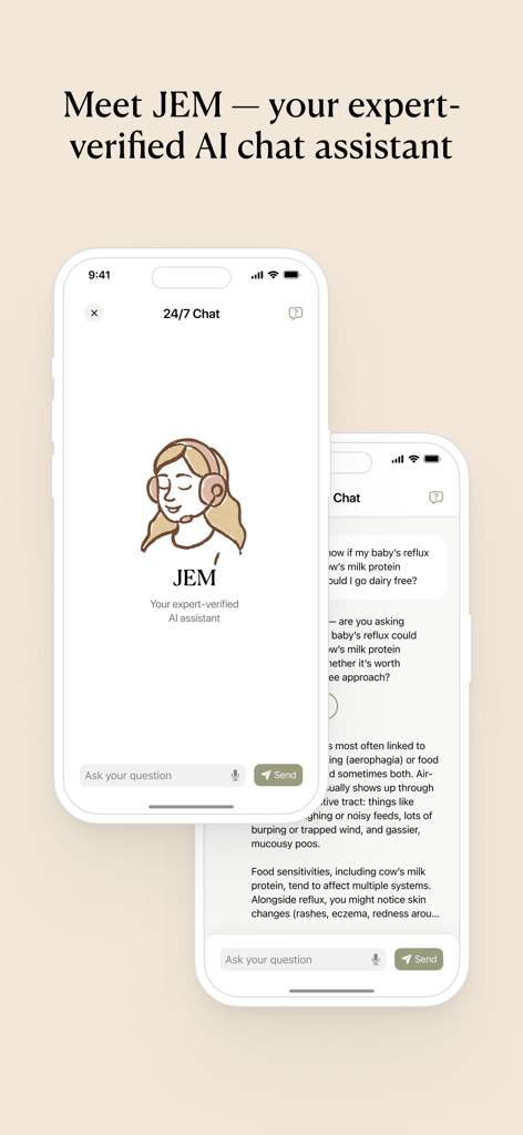 Baby Reflux Guide - Screenshot of JEM the expert verified AI chat assistant in the Baby Reflux Guide app providing 24/7 support