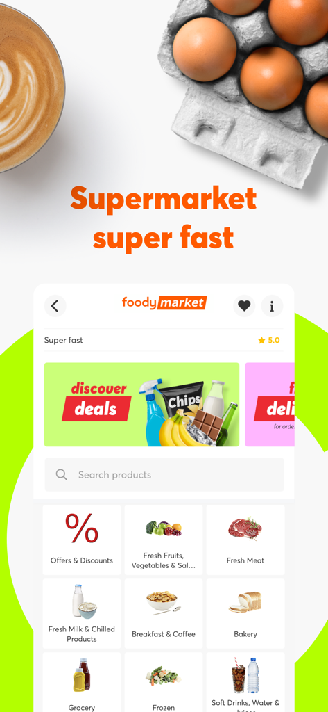 Foody Cyprus - Food Delivery - Schermata dell'app mobile per la consegna del supermercato Foody Cipro che mostra categorie di alimentari come prodotti freschi e panetteria