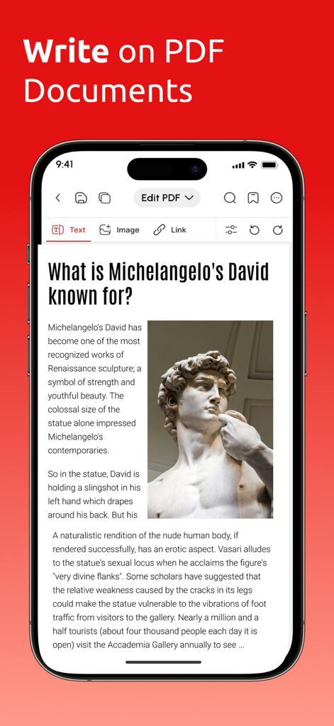 iPhone画面に、ミケランジェロのダヴィデに関するPDF文書が表示され、テキストおよび画像ツールで編集されている