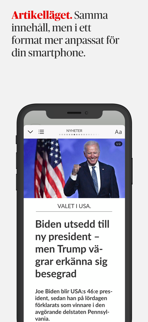 e-DN - Screenshot of the e-DN mobile app in article mode displaying a news story about the US election on a smartphone