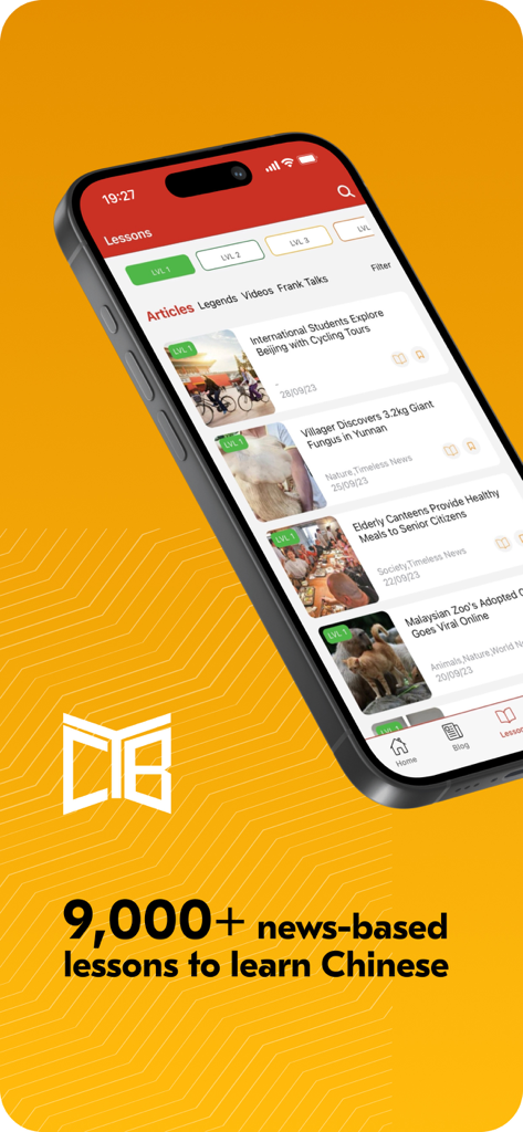 A smartphone showing the news-based lessons interface of The Chairman's Bao app for learning Chinese.