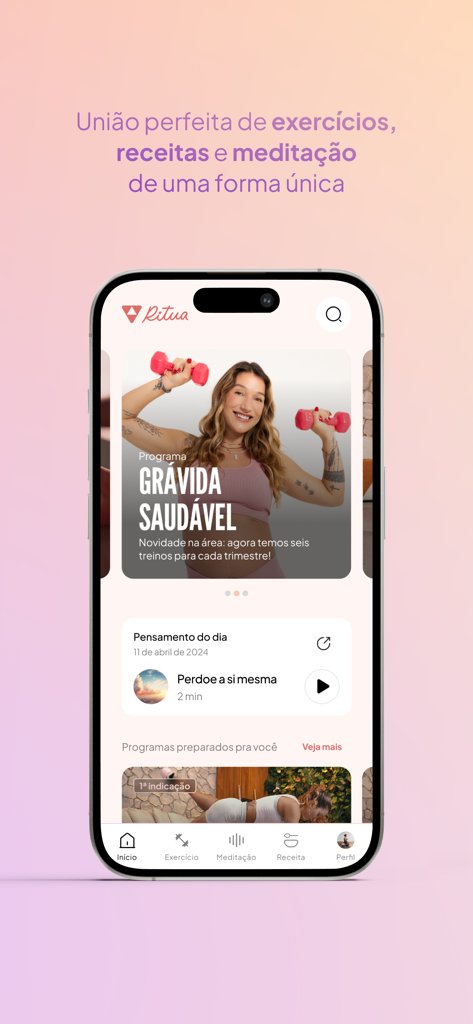 Ritua - Ritua app home screen displaying a pregnancy workout program and daily meditation