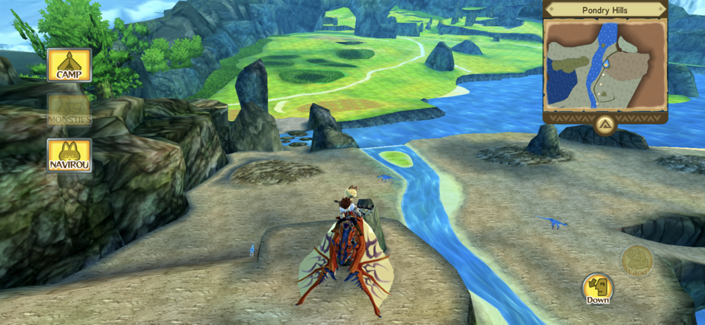 Monster Hunter Stories - A character riding a winged monster through the Pondry Hills landscape in Monster Hunter Stories.