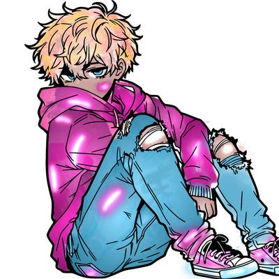 a male hoddie ripped jeans messy hair anime