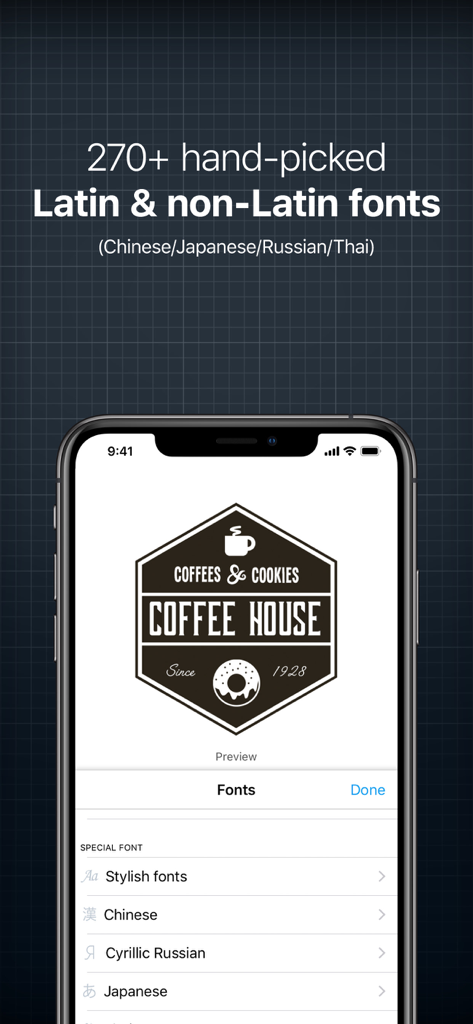 Logo Creator゜ - Smartphone screen displaying the font selection menu in the Logo Creator app with a sample coffee shop logo design and options for Latin and non-Latin fonts like Chinese and Japanese.