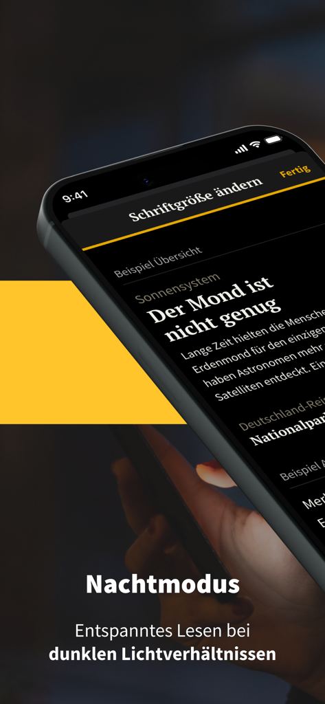 StZ News - Stuttgarter Zeitung - StZ News App Smartphone-Bildschirm zeigt Dark Mode und einstellbare Schriftgrößen für gute Lesbarkeit.
