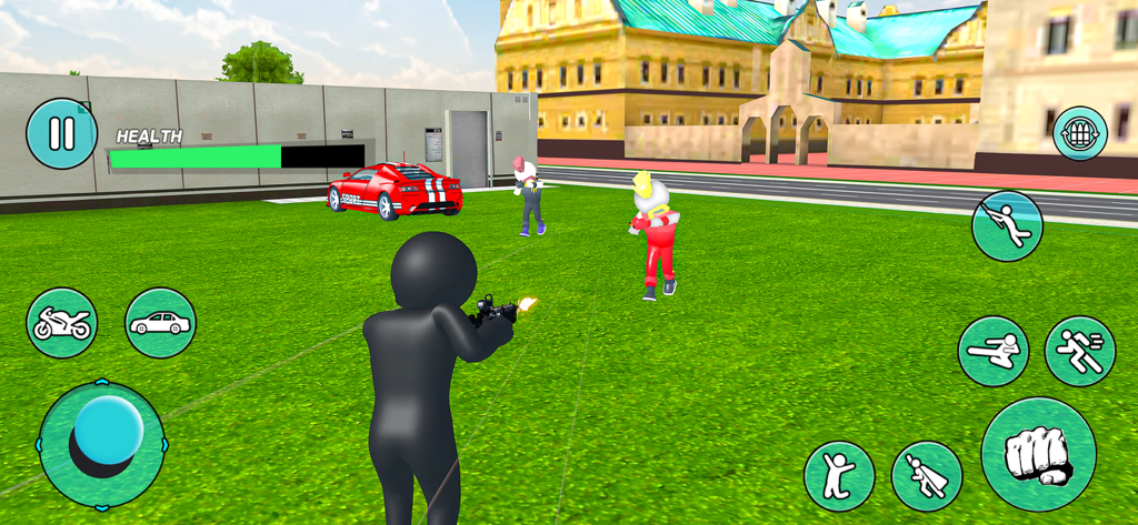 Stickman Wars - Stickman Games - A black stickman character shooting at enemies in a green field next to a red sports car