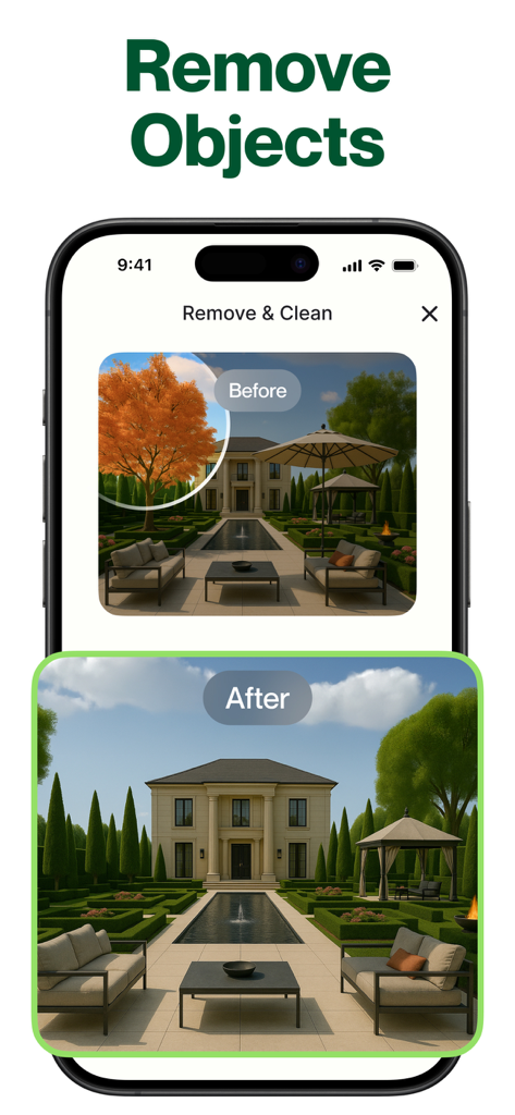 Before and after comparison of removing a tree from a luxury backyard using the AI Garden Design app.