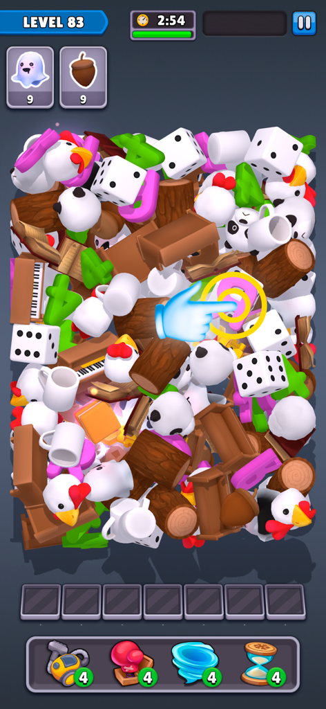 Match Junk: Triple Tile Puzzle - Gameplay screenshot of Match Junk Triple Tile Puzzle showing a pile of 3D objects like dice logs and mugs to be matched