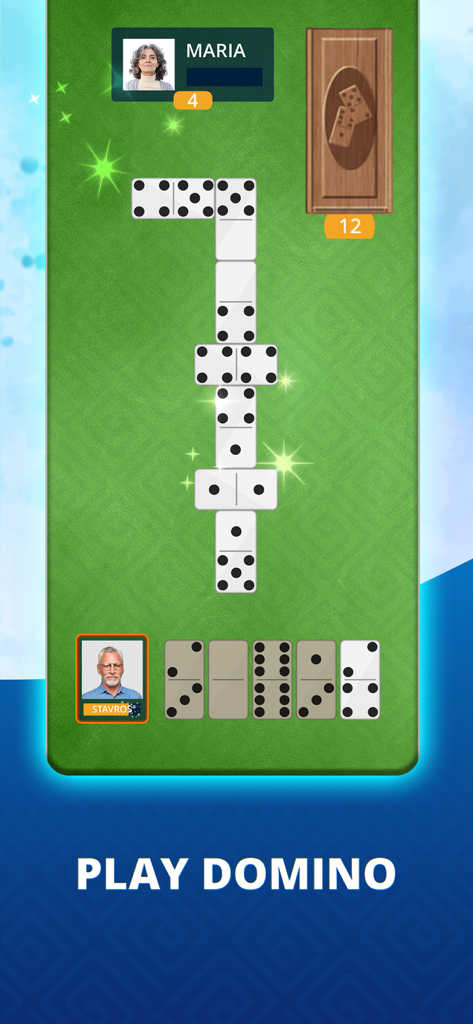 Opa.GR: Tavli, Tichu, Ludo - Ein mobiles Spielbildschirm, der ein Online-Domino-Match zwischen zwei Spielern auf einem grünen Tisch anzeigt