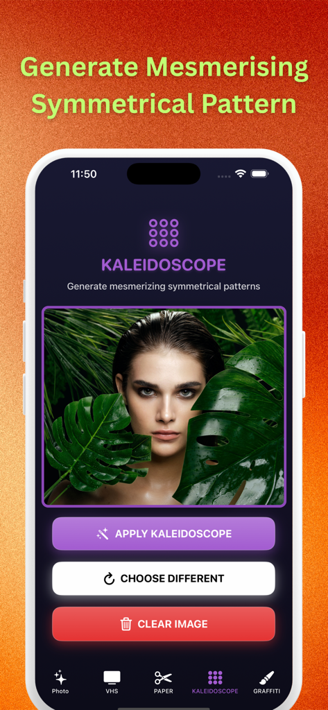 Beauty Photo Effect - A mobile app screen showing the Kaleidoscope filter interface with a portrait of a woman and tropical leaves