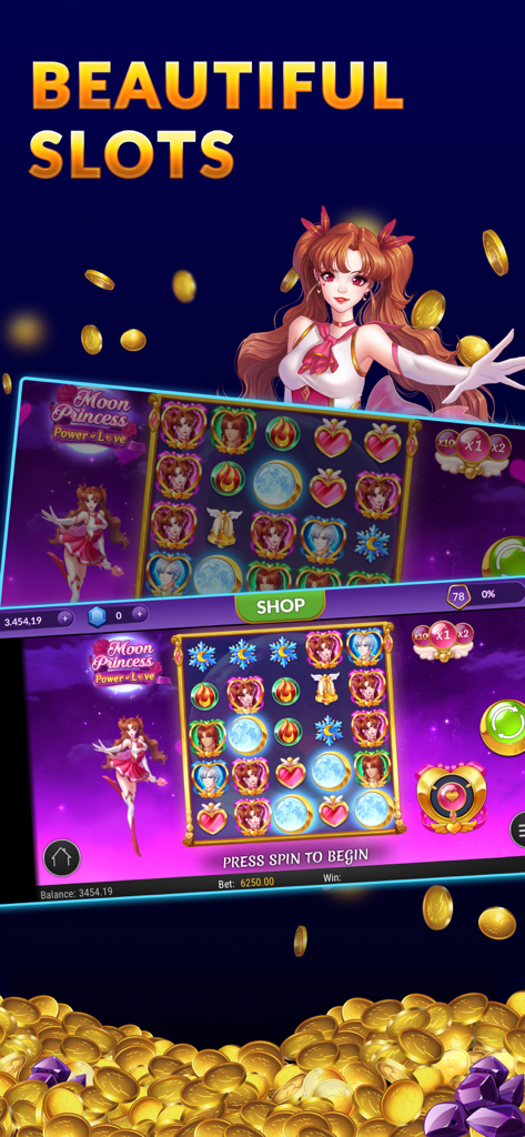 SpinArena Slots: Online Casino - A screenshot of the SpinArena Slots app showing the Moon Princess anime themed slot machine with gold coins