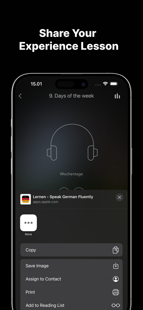 Ein iPhone-Bildschirm, der das Teilen-Menü für eine deutsche Audio-Lektion in der Lernen-App zeigt.