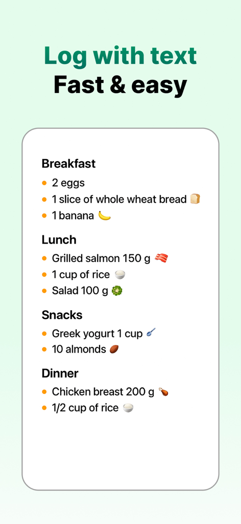 Interfaccia dell'app Kalio che mostra un registro pasti giornaliero creato utilizzando la funzione di inserimento testo