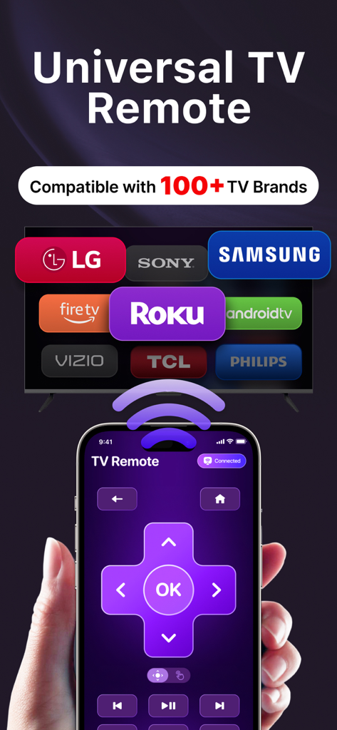 TV Remote: Roku Remote Control - Tela de um iPhone exibindo uma interface de controle remoto universal de TV com logotipos de marcas compatíveis como LG, Sony e Roku.