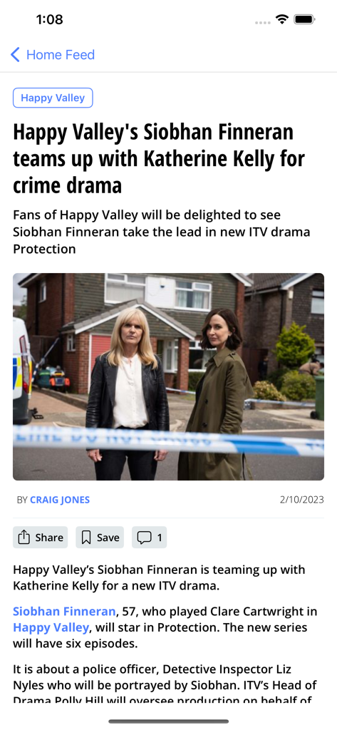 Yorkshire Live - A news article on the Yorkshire Live app about actresses Siobhan Finneran and Katherine Kelly starring in a new crime drama.