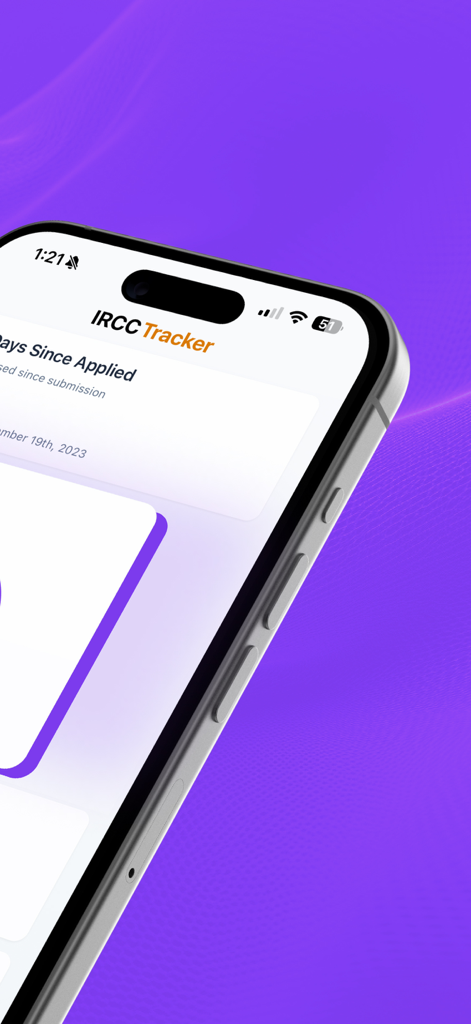 Canadian Immigration Tracker - Smartphone showing the IRCC Tracker app interface with the heading Days Since Applied on a purple background