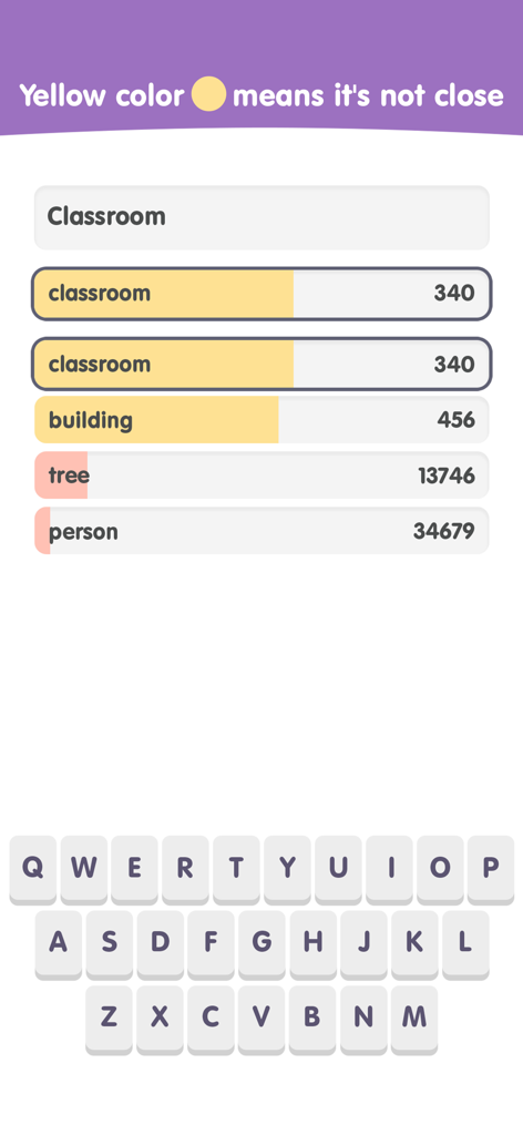Contexto: Popular Words Game - Mobile screen of Contexto word game showing guessed words and their proximity ranking.