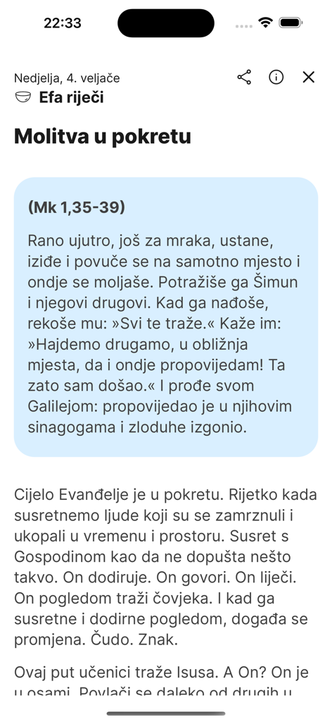 Daily meditation and scripture reading screen in the e-Duhovne vjezbe app