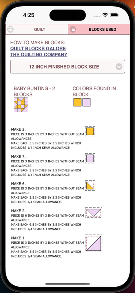 Quilt Pattern Creator - Detailed assembly and cutting instructions for a quilt block showing specific measurements and color-coded shapes.