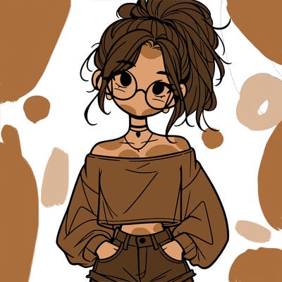 girl with a messy ponytail glasses a baggy crop top and jean shorts