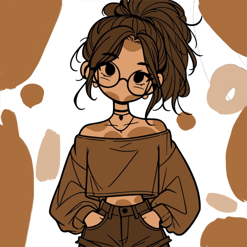 girl with a messy ponytail glasses a baggy crop top and jean shorts